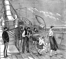 Our special artist's voyage to the Gold Coast - morning bath on board the Volta, 1873. Creator: Unknown