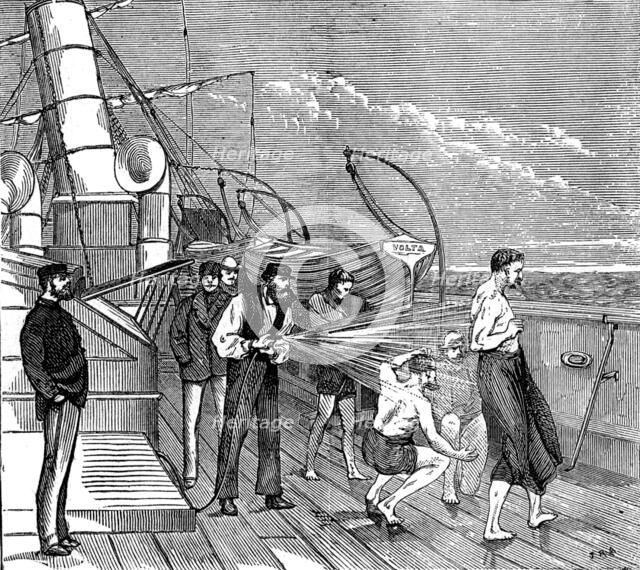 Our special artist's voyage to the Gold Coast - morning bath on board the Volta, 1873.  Creator: Unknown.