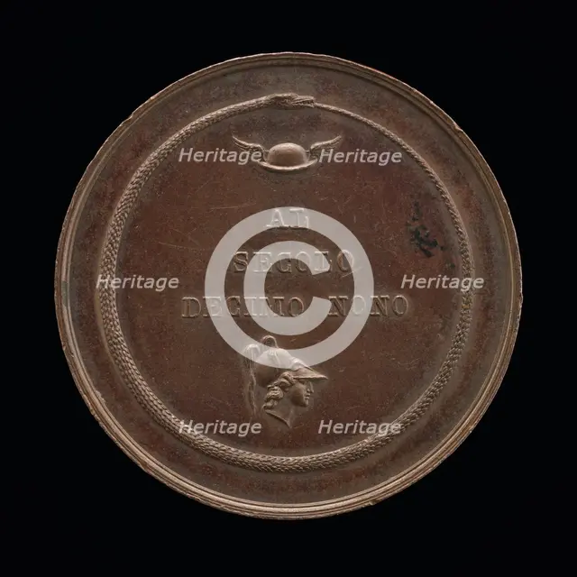 Ouroboros Encircling the Winged Helmet of Mercury and the Head of Athena [reverse], after 1823. Creator: Francesco Putinati.