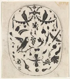 Oval Blackwork Print with Birds, Insects and Fruits, ca. 1620. Creator: Claes Jansz Visscher