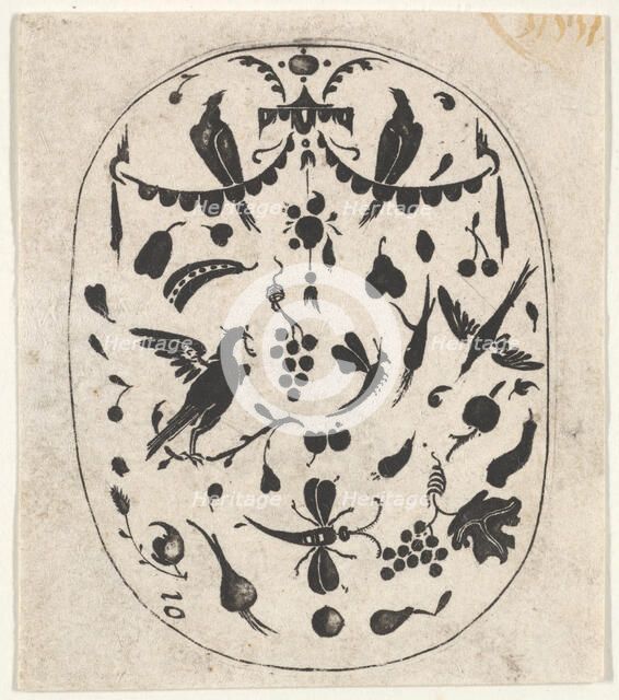 Oval Blackwork Print with Birds, Insects and Fruits, ca. 1620. Creator: Claes Jansz Visscher.