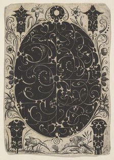 Oval Case Decorated with Schweifwerk in Two Variants, Surrounded by Smaller Motifs..., ca. 1614-19. Creator: Jacques Hurtu