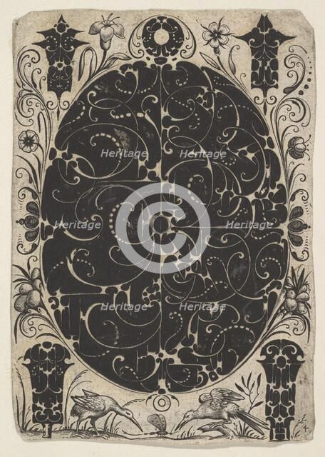 Oval Case Decorated with Schweifwerk in Two Variants, Surrounded by Smaller Motifs..., ca. 1614-19. Creator: Jacques Hurtu.