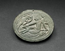 Oval Cosmetic Box Lid with a Man Being Entertained by a Lyrist, 5th/6th century. Creator: Unknown