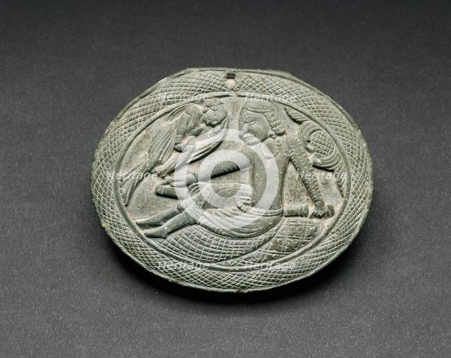 Oval Cosmetic Box Lid with a Man Being Entertained by a Lyrist, 5th/6th century. Creator: Unknown.