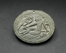 Oval Cosmetic Box Lid with a Man Being Entertained by a Lyrist, 5th/6th century. Creator: Unknown