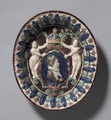Oval Dish Commemorating the Ascent of the Young Louis XIII to the Throne of France, c. 1610-1615. Creator: Bernard Palissy (French, 1510-1589), school of
