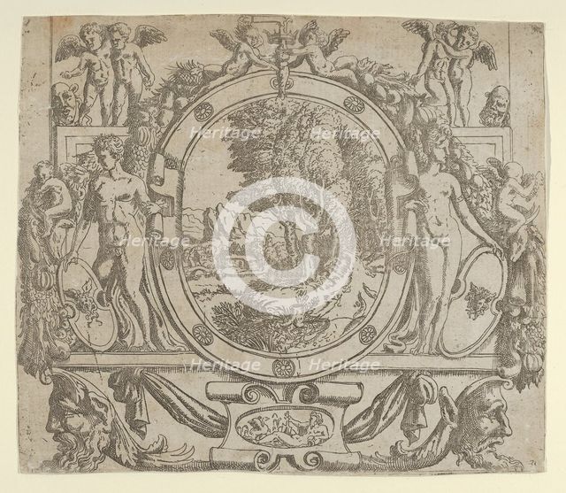 Oval landscape in an ornate frame, ca. 1542-45., ca. 1542-45. Creator: Anon.