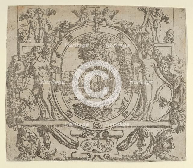 Oval landscape in an ornate frame, ca. 1542-45., ca. 1542-45. Creator: Anon.