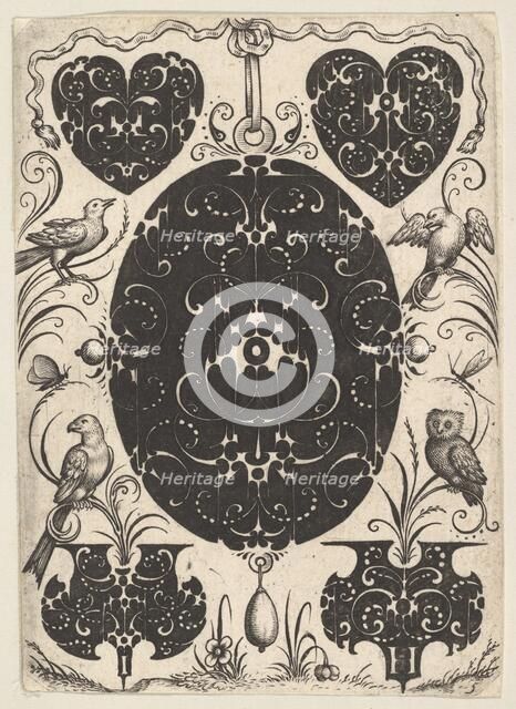 Oval Pendant Decorated with Schweifwerk, Surrounded by Smaller Motifs and Four Birds, ca. 1614-19. Creator: Jacques Hurtu.