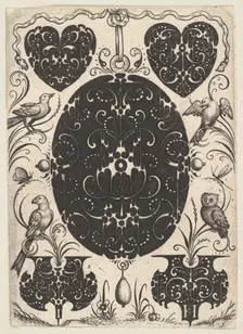 Oval Pendant Decorated with Schweifwerk, Surrounded by Smaller Motifs and Four Birds, ca. 1614-19. Creator: Jacques Hurtu