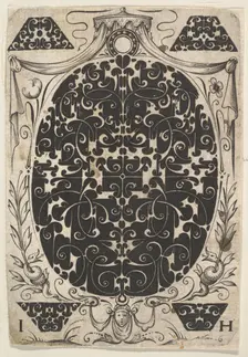 Oval Pendant Decorated with Schweifwerk, Surrounded by Smaller Motifs and Crowned b..., ca. 1614-19. Creator: Jacques Hurtu