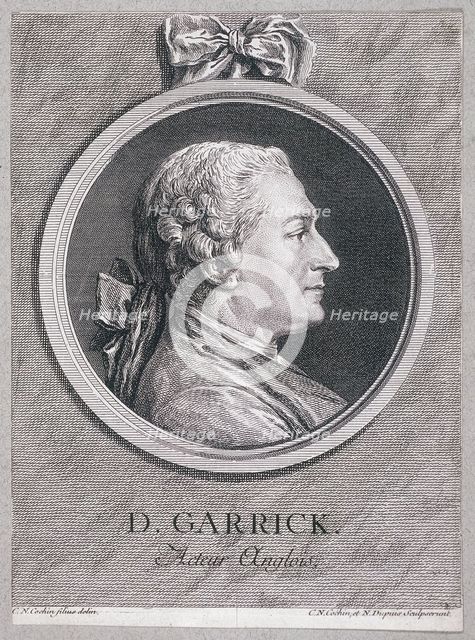Oval portrait of the actor David Garrick wearing a short wig, with surround, c1780. Artist: Charles Nicolas Cochin