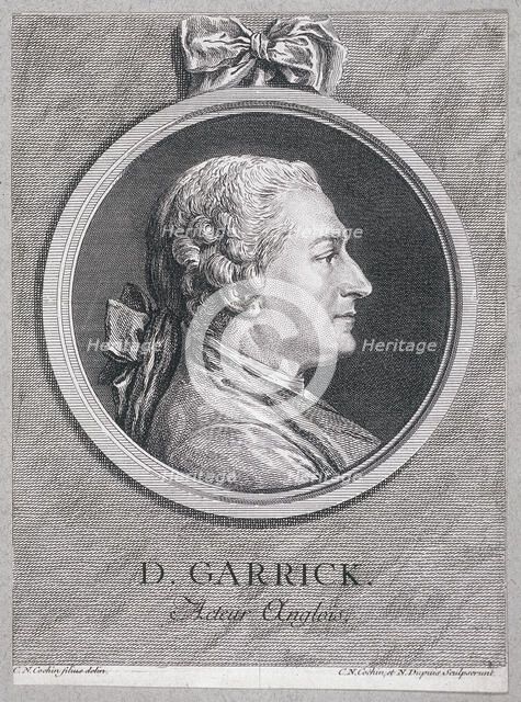Oval portrait of the actor David Garrick wearing a short wig, with surround, c1780. Artist: Charles Nicolas Cochin