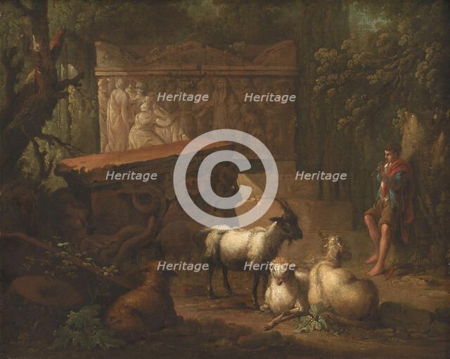 Overgrown ruins, with shepherd and goats in foreground, 1745-1786. Creator: Johan Edvard Mandelberg.