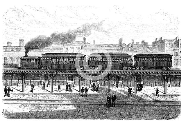Overhead railway, circulating by the Third Avenue in New-York, engraving 1872.