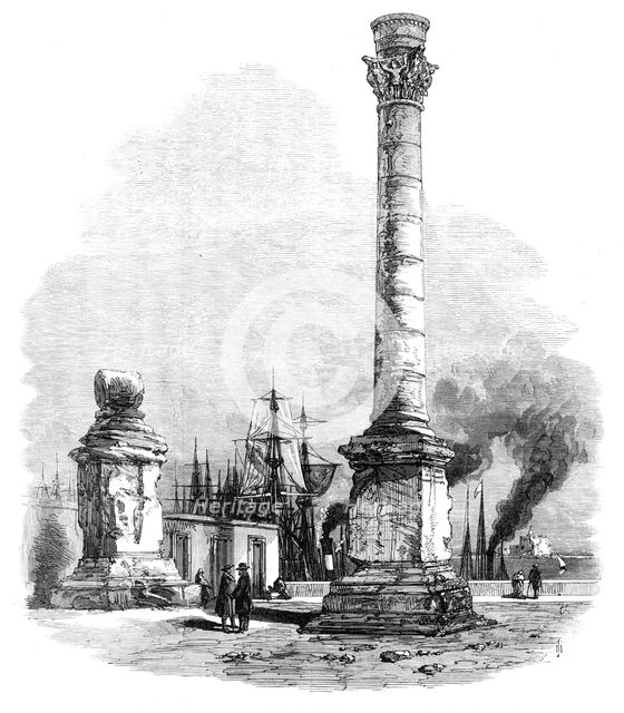Overland route to India: the two columns at Brindisi, marking the terminus of the Appian Way, 1869. Creator: Unknown.