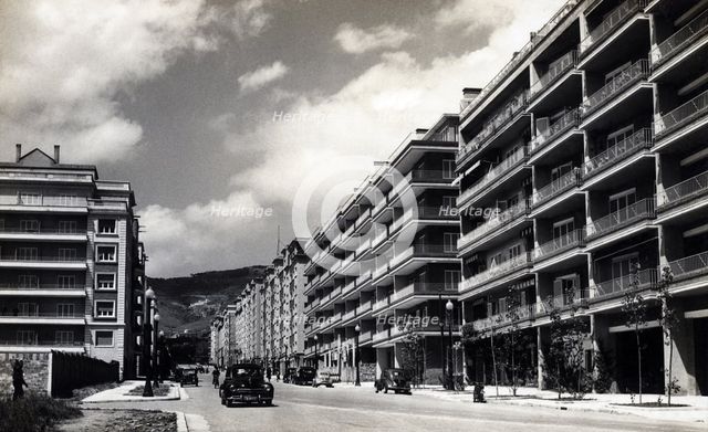 Overview of Mandri street in Barcelona, with new housing buildings, 1950s.