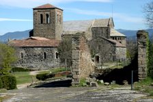 Overview of the Monastery of Sant Pere de Casserres with the bell tower in the foreground