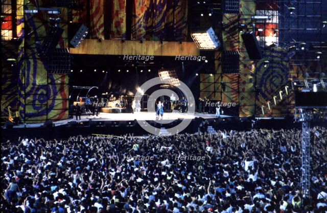 Overview of the audience and the stage during a concert of the Rolling Stones in Barcelona in 1990.
