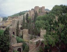 Overview of the Alcazaba in Málaga with reinforced double walls, square towers and gateways