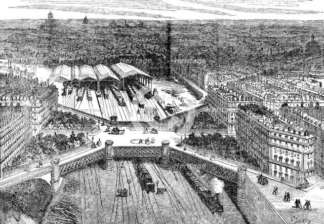Overview of the European Square in Paris, raised over railroad lines, engraving 1867.