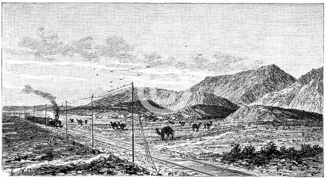 Overview Trans-Caspian railroad near the Kopet - Dagh Mounts, engraving, 1895.