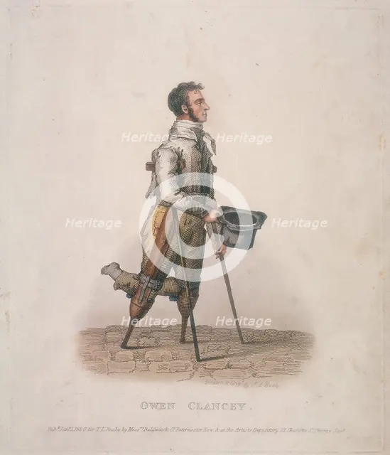Owen Clancy, begging with his hat in hand, on crutches and with devices strapped to his legs, 1820. Artist: Thomas Lord Busby