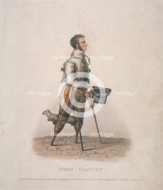 Owen Clancy, begging with his hat in hand, on crutches and with devices strapped to his legs, 1820. Artist: Thomas Lord Busby