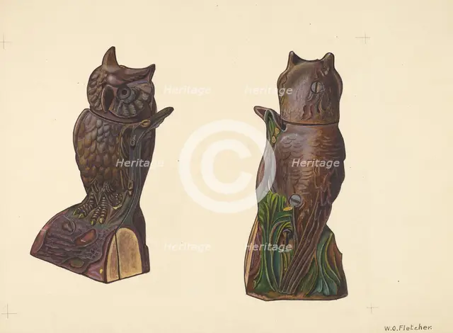 Owl on Log Bank, c. 1937. Creator: William O. Fletcher.