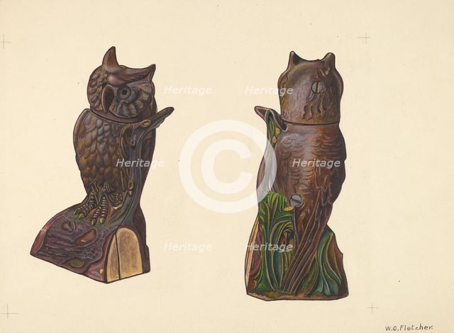 Owl on Log Bank, c. 1937. Creator: William O. Fletcher.