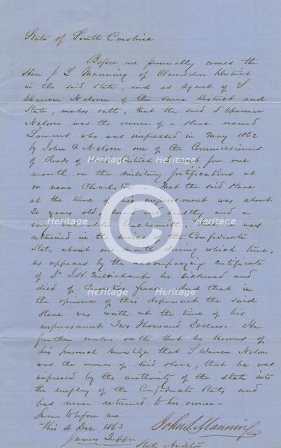 Owner's proof on claim for slave lost in public service, 1863-12-04. Creator: Unknown.