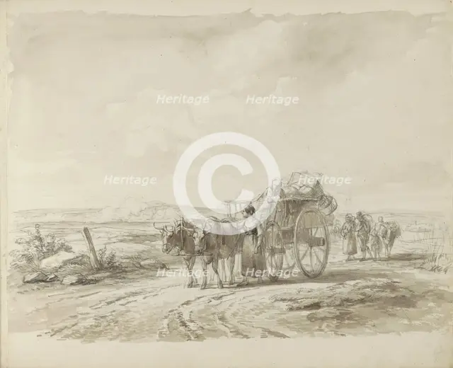 Ox cart and figures on a country road, 1800-1899. Creator: Anon.