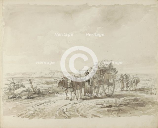 Ox cart and figures on a country road, 1800-1899. Creator: Anon.