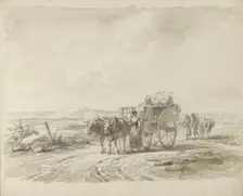 Ox cart and figures on a country road, 1800-1899. Creator: Anon