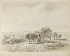 Ox cart and figures on a country road, 1800-1899. Creator: Anon