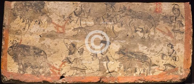 Ox ploughing. From tomb room, 3rd cen. AD. Creator: Chinese Master.
