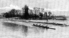 Oxford and Cambridge Universities Boat-Race - Cambridge crew at practice: last row on the Cam, 1890 Creator: Unknown