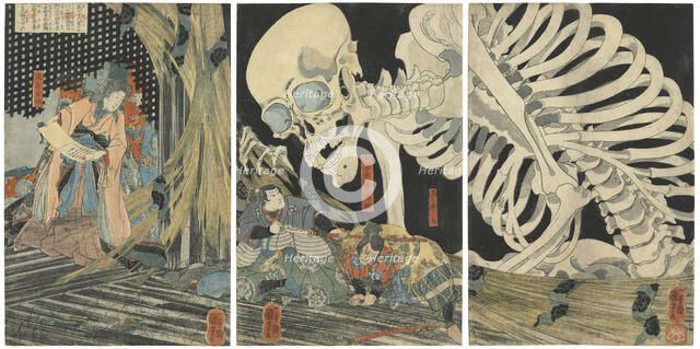 Oyataro Mitsukuni Defying the Skeleton Spectre Conjured up by Princess Takiyasha, 1844-1845. Creator: Kuniyoshi, Utagawa (1797-1861).