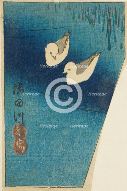 Oystercatchers on the Sumida River (Sumidagawa, miyakodori), section of a sheet from..., c. 1850. Creator: Ando Hiroshige.