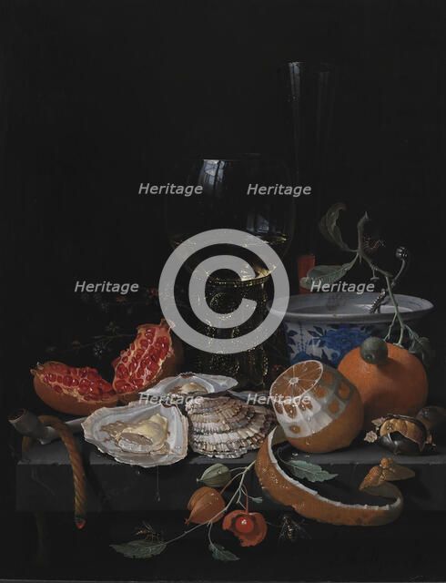 Oysters, Fruit and a Wineglass on a Stone Table, 1671-1679. Creator: Abraham Mignon.