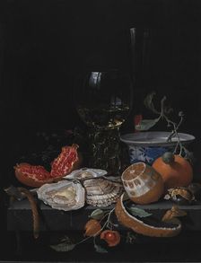 Oysters, Fruit and a Wineglass on a Stone Table, 1671-1679. Creator: Abraham Mignon