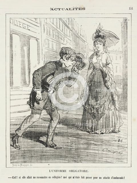 L'Uniforme obligatoire -Ciel! si elle allait me reconnaitre en collégien! Moi qui m'étais..., 1872. Creator: Cham.