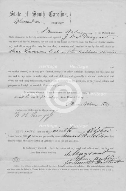 L. Warren Nelson authorizing his Attorney to receive any and all money from the State..., 1864. Creator: Unknown.