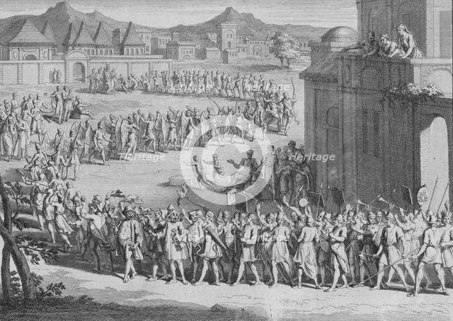 'L'Yncas vient recevoir les Orfrandes que ses Sujets font au Soleil', c1723. Artist: Unknown.