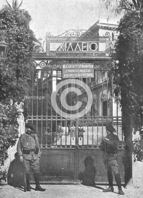 'L'Achilleion, villa de Guillaume II, a l'occasion, base de ravitaillement de ses Sous..., 1916. Creator: Robert Vaucher.