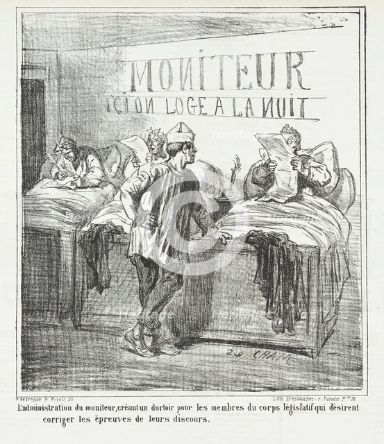 L'Administration du Moniteur, créant un dortoir pour les membres du corps législatif..., 1867. Creator: Cham.