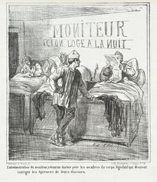 L'Administration du Moniteur, créant un dortoir pour les membres du corps législatif..., 1867. Creator: Cham