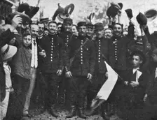 L'aide Francaise a la Belgique; un corps de cavalerie francaise entrait en Belgique 1914. Creator: Unknown