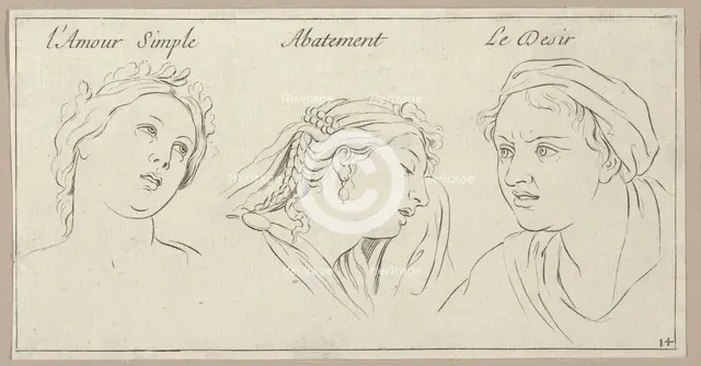 l'Amour simple, Abattement, Le Desir (from Caractères des passions, gravés sur les de..., 1695-1720. Creator: Sébastien Le Clerc the Younger.